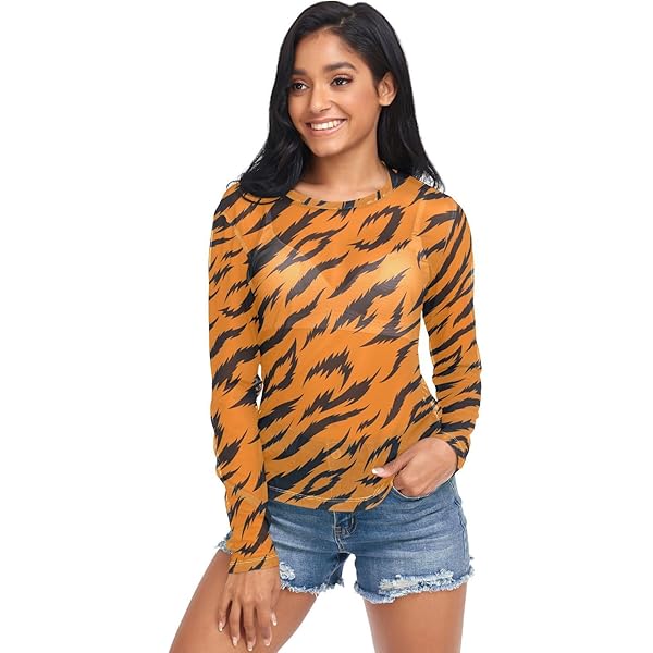 JHKKU See Through Tops Tiger Animal Texture Mesh Long Sleeve Tee